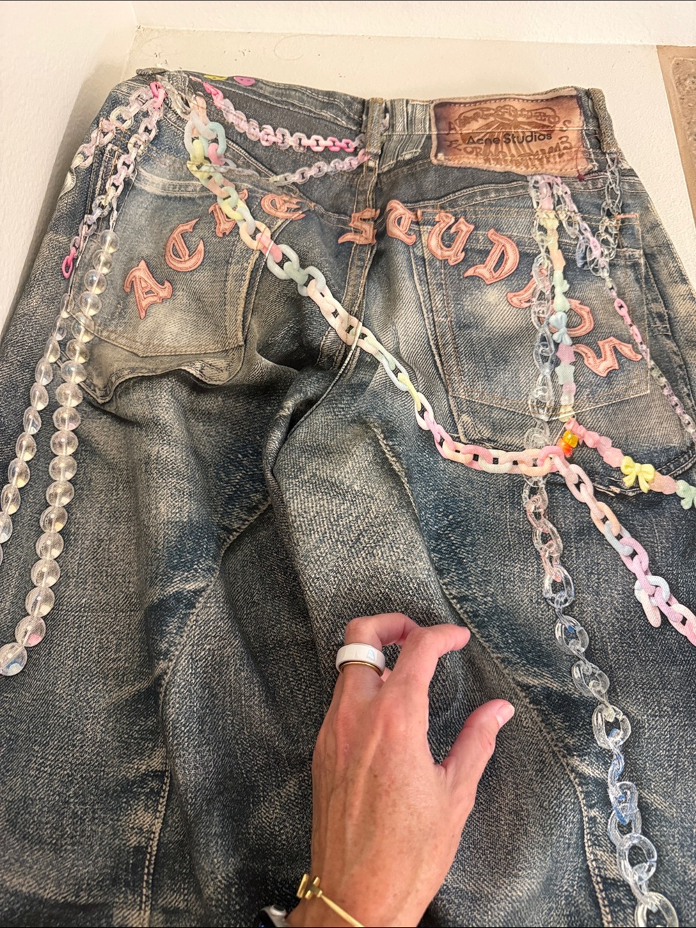 Acne Wide-Leg Dark Wash Jeans with Pastel Chain Embellishments - Picture 5 of 6